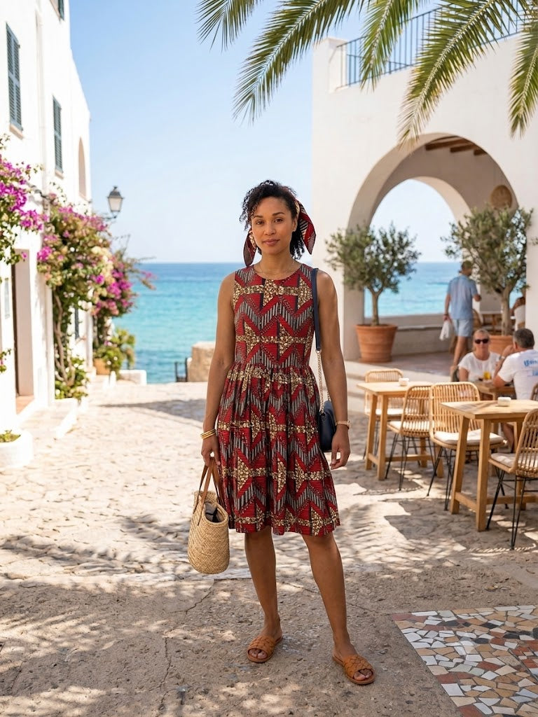 Vibrant Geometric Print Sleeveless Cotton Dress