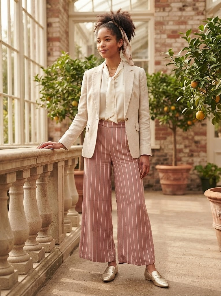 U-Star High-Waisted Striped Wide-Leg Trousers – Dusty Rose – Size XS