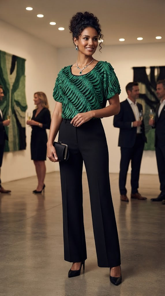 Donna Claire Sophisticated Green & Black Textured Blouse - Size 52 (Excellent Condition)