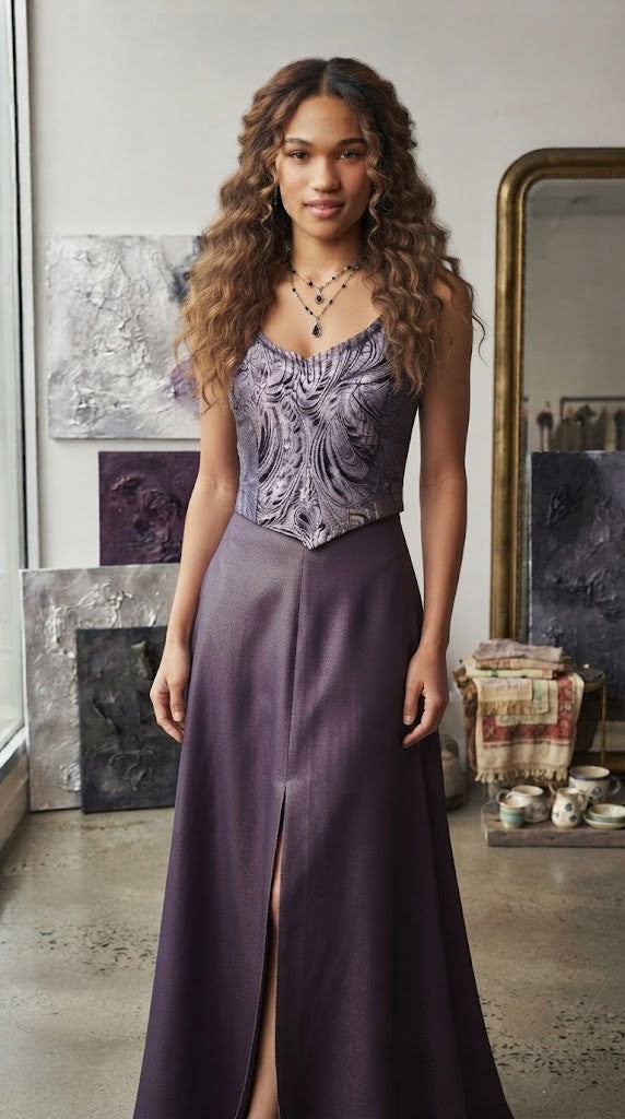 Elegant Metallic Brocade V-Neck Bodice Top - Dark Purple & Black - Size M