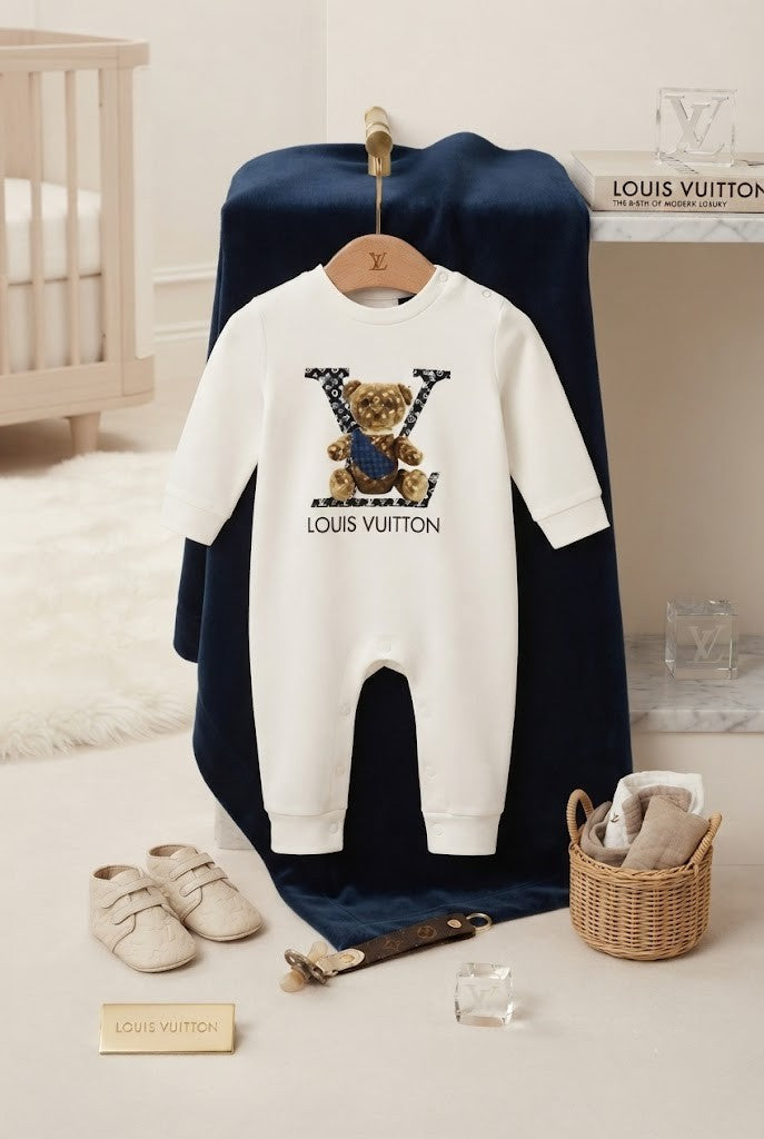 Louis Vuitton Teddy Bear Print Cotton-Blend Babygrow - Size 0-3 Months