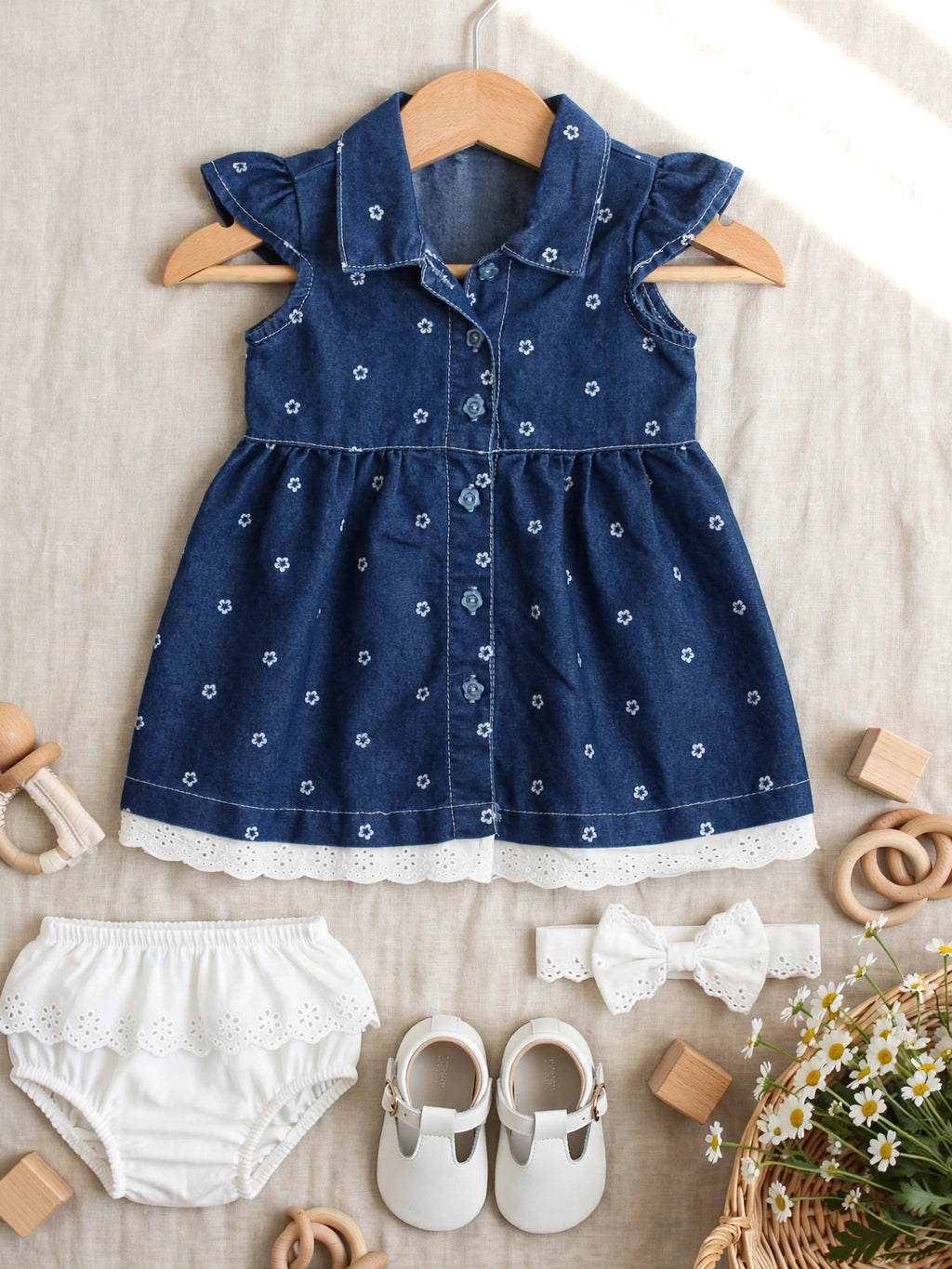 Ackermans Baby Blue Floral Denim Dress with Eyelet Lace 12-18 Months