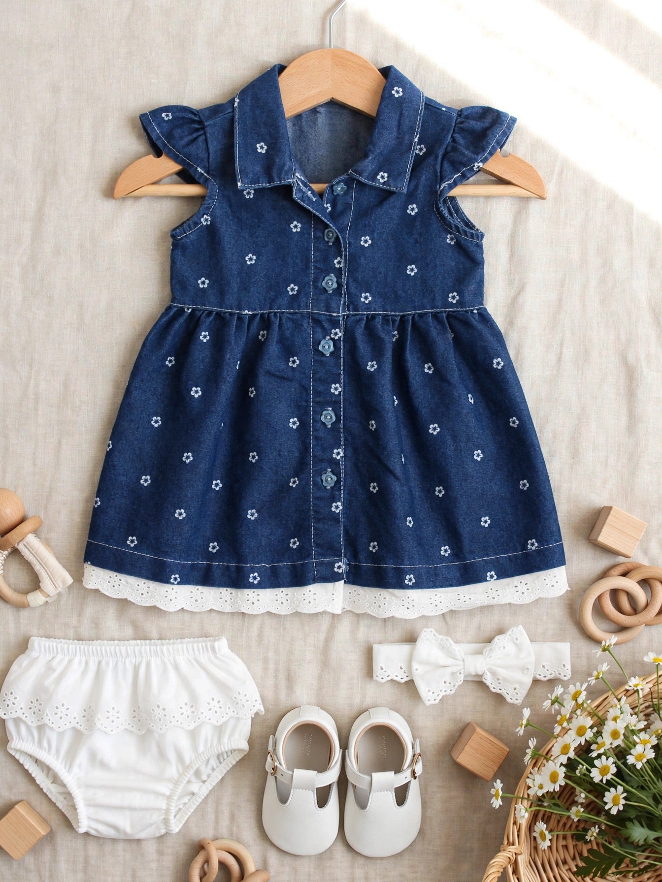 Ackermans Baby Blue Floral Denim Dress with Eyelet Lace 12-18 Months