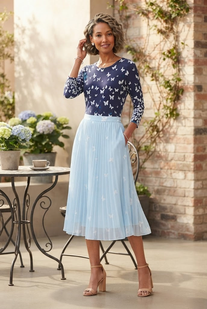 Queenspark Blue Butterfly Print 3/4 Sleeve Blouse - Size Large