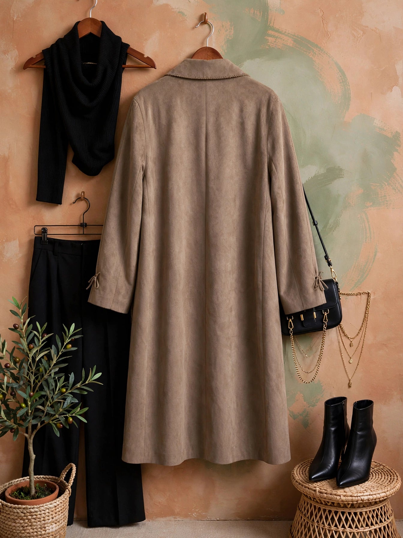 Taupe Faux Suede Long Trench Coat - Size 42