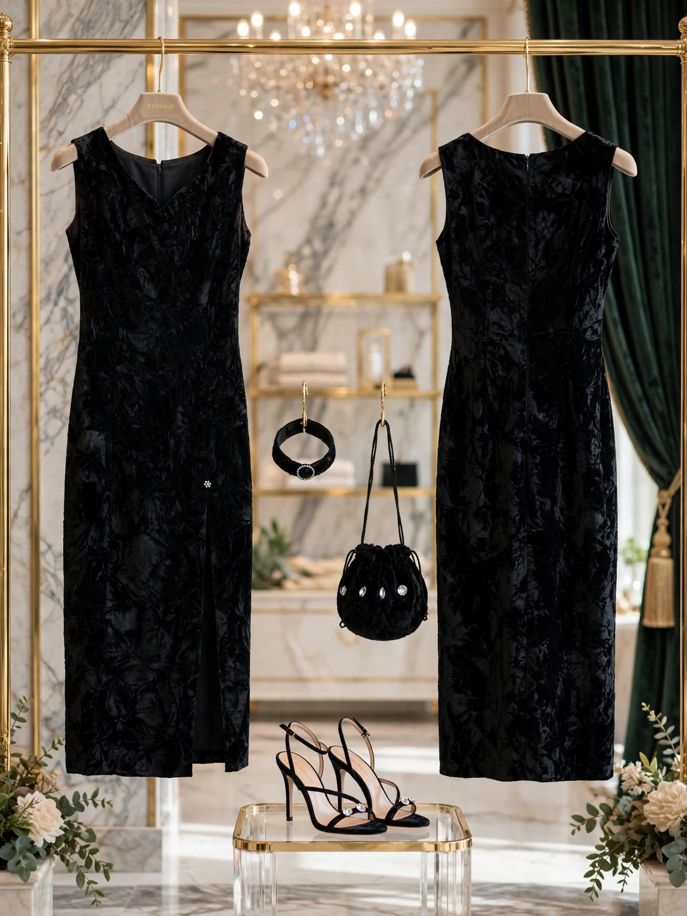 Black Crushed Velvet Matric Dance Dress 3-Piece Set - Size Medium