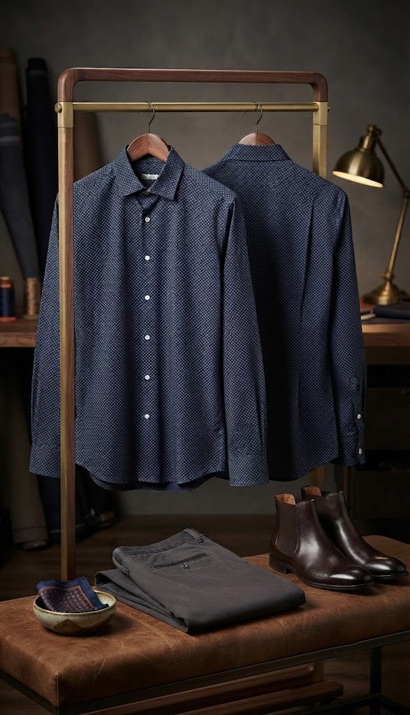 Studio W Men’s Patterned Button-Down Shirt – Navy & White Geometric Print – Size XL – Pre-Loved