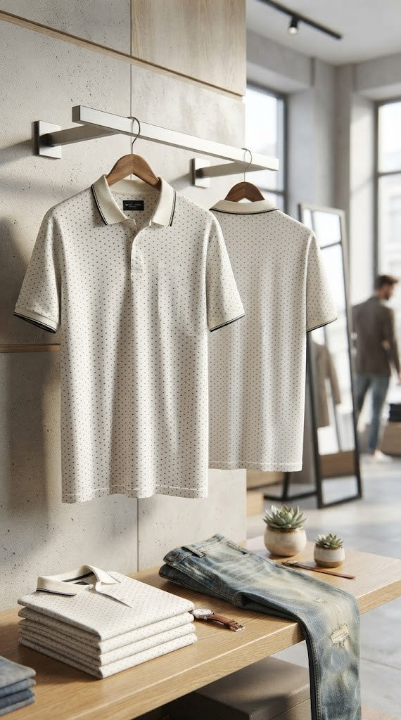 Pre-Loved David Jones Organic Cotton Polo – White with Subtle Pattern, Size L