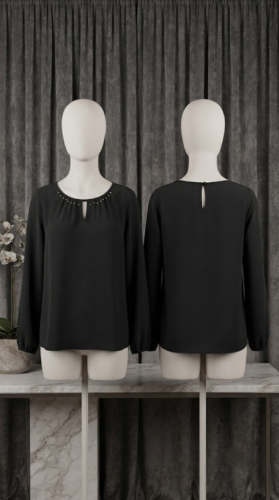 Pre-Loved Rene Taylor Black Embellished Blouse - Size 40