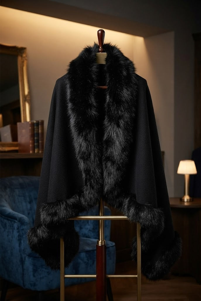Pre-Loved Elegant Black Faux Fur Trim Shawl - Medium
