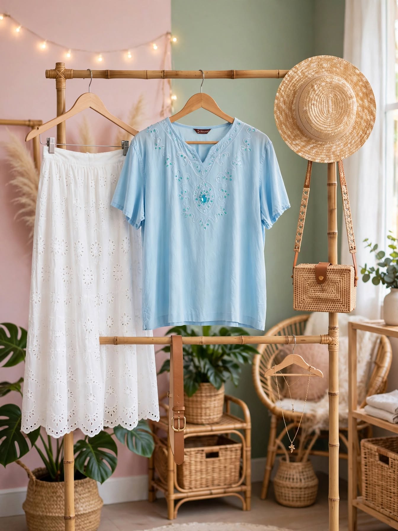 Light Blue Embroidered Boho Blouse - Size 2XL