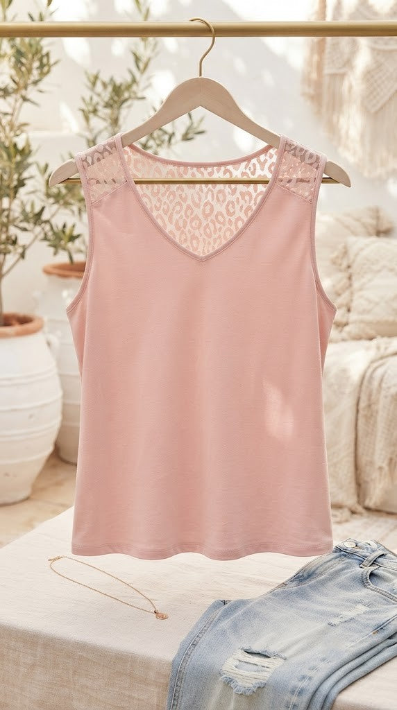Women’s Soft Pink V-Neck Tank Top with Lace Detail – Size XL, Excellent Condition