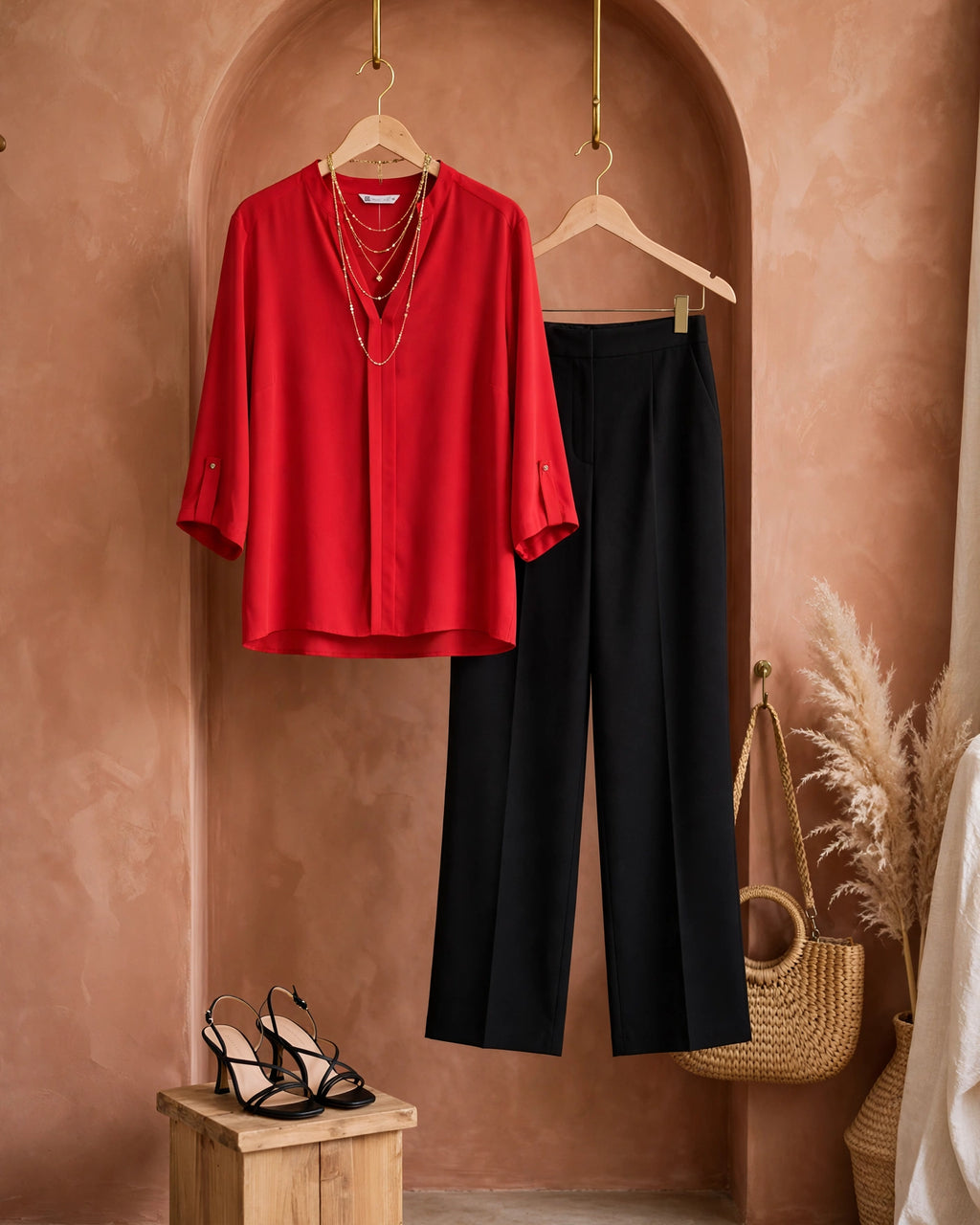 Red Statement V-Neck Blouse - Size 48