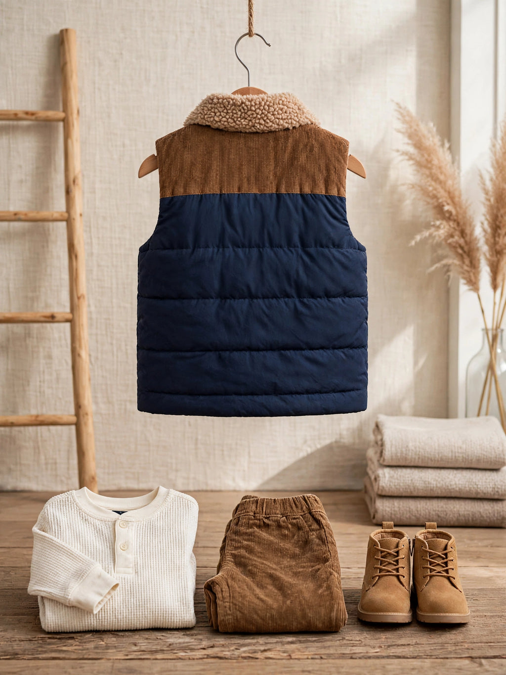 Cuddlesome Navy & Tan Sherpa Corduroy Yoke Puffer Vest - Size 12 to 18 Months
