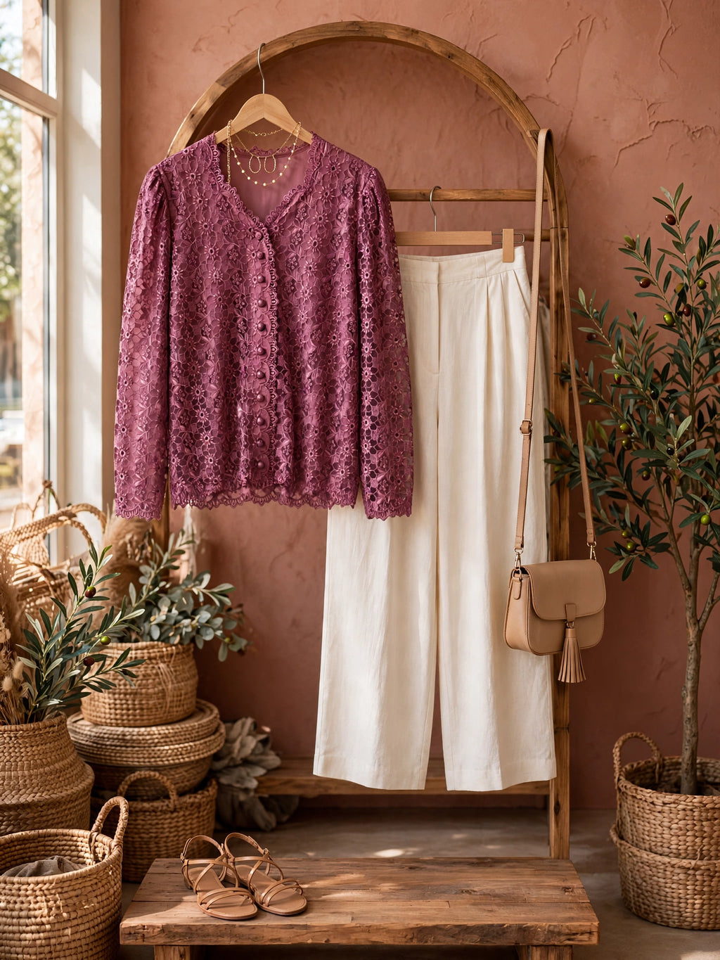 Berry Mauve Floral Lace Blouse - Size XL
