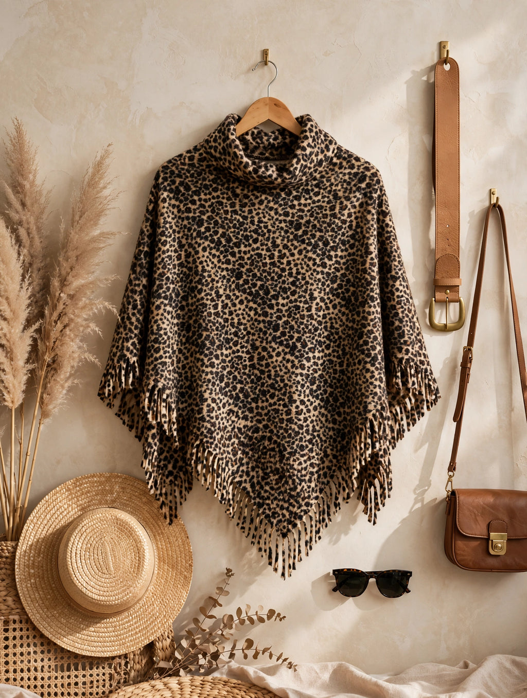 Leopard Faux Fur Fringe Poncho Cape - Size Small