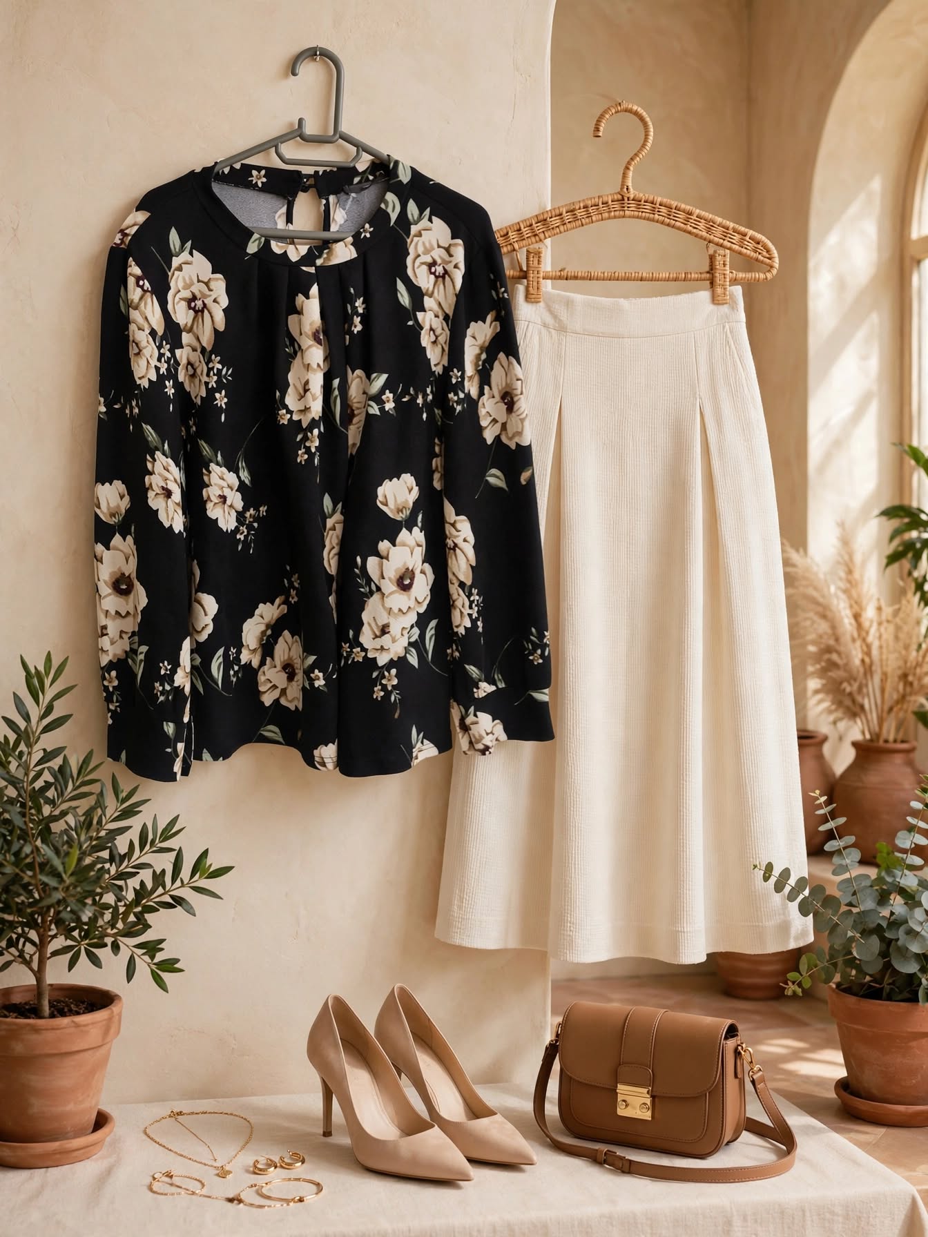 Black & Cream Floral Long Sleeve Blouse - Size 2XL