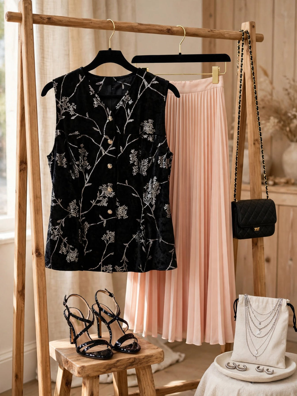 Black Velvet Silver Floral Sleeveless Blouse - Size Medium