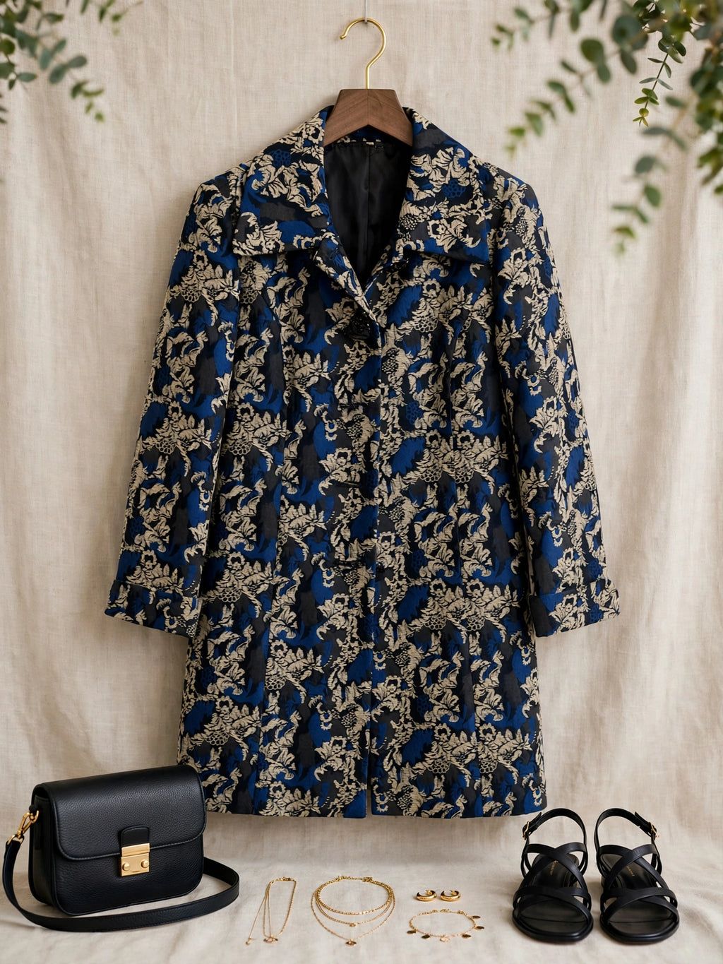Queenspark Longline Baroque Brocade Blue & Taupe Coat Jacket - Size 36