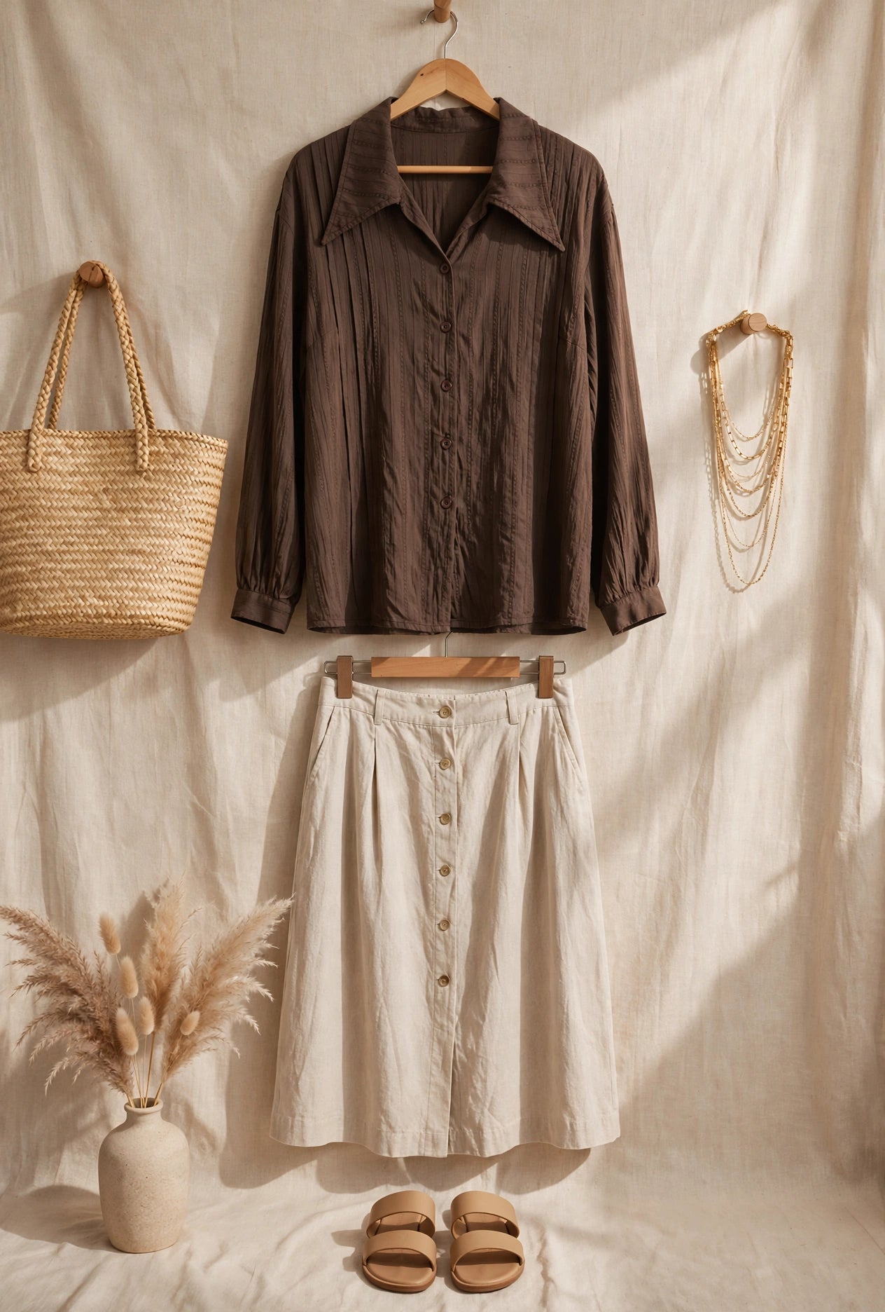 Ladies Brown Textured Cotton Button-Up Shirt - Size 4XL
