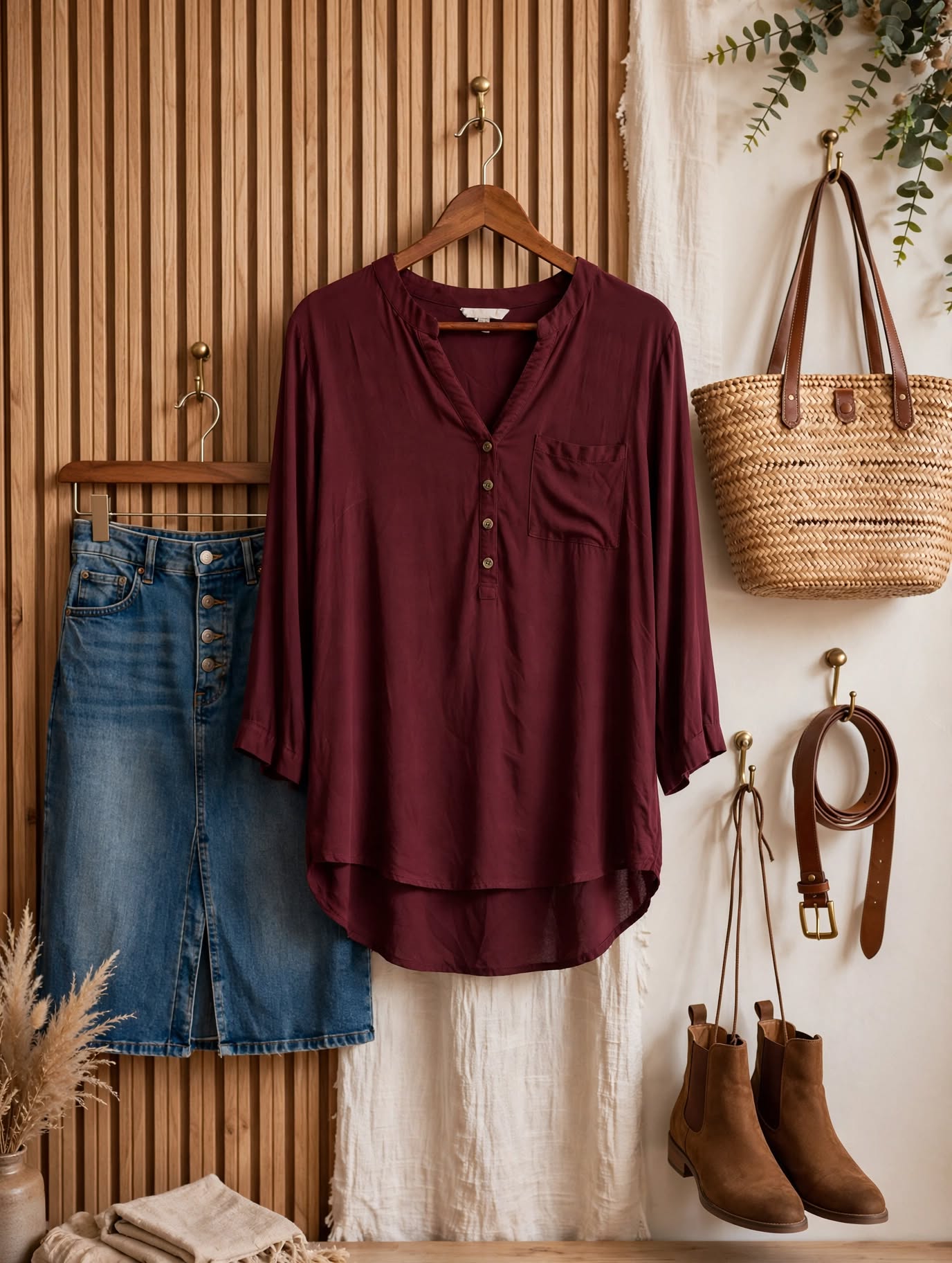 Burgundy Henley Blouse - Size 40