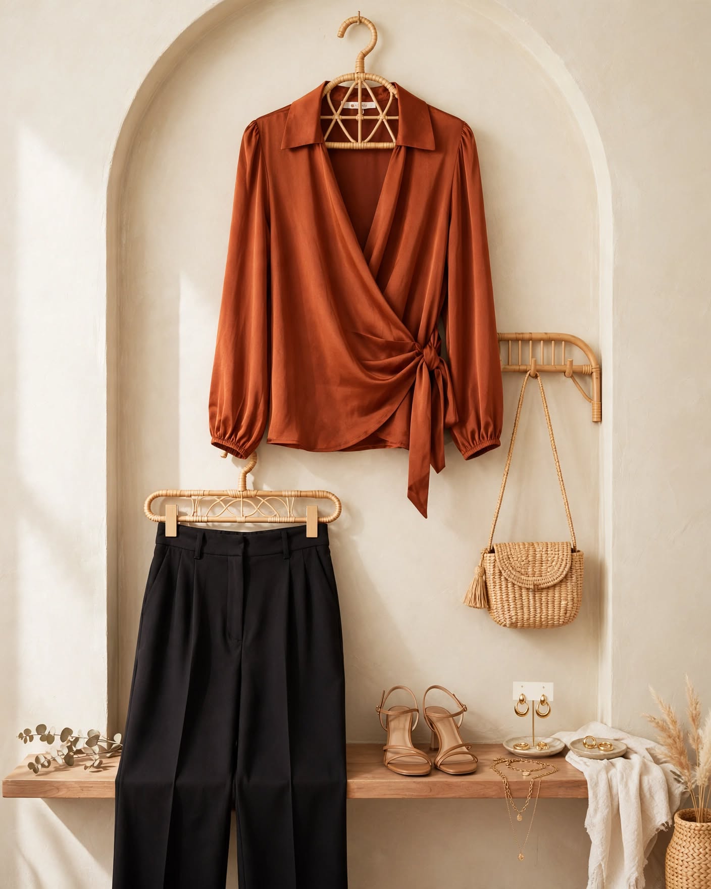Rust Satin Wrap Blouse - Size Large