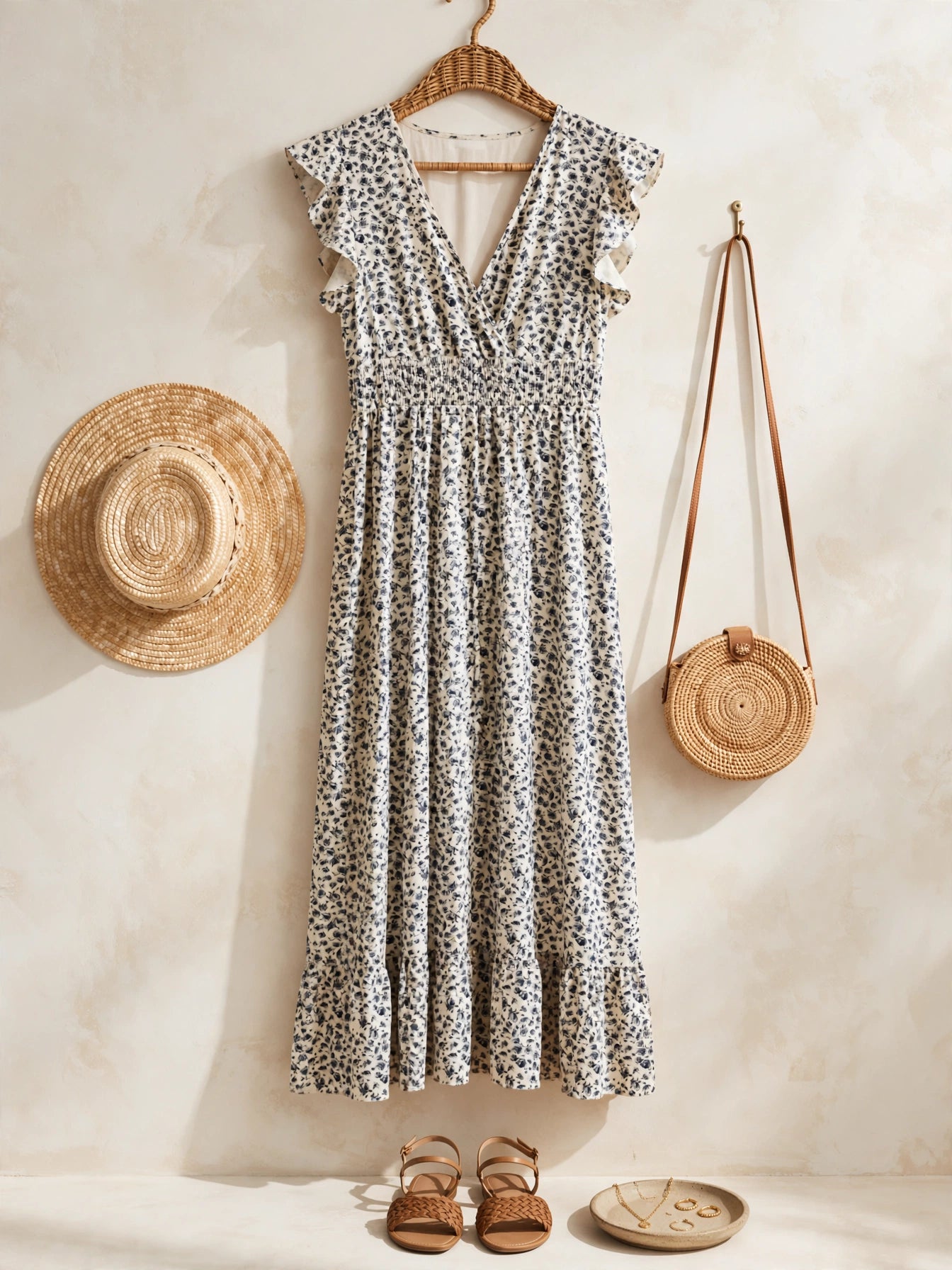 Cream & Navy Ditsy Floral Midi Boho Wrap Dress with Ruffle Sleeves  - Size 32