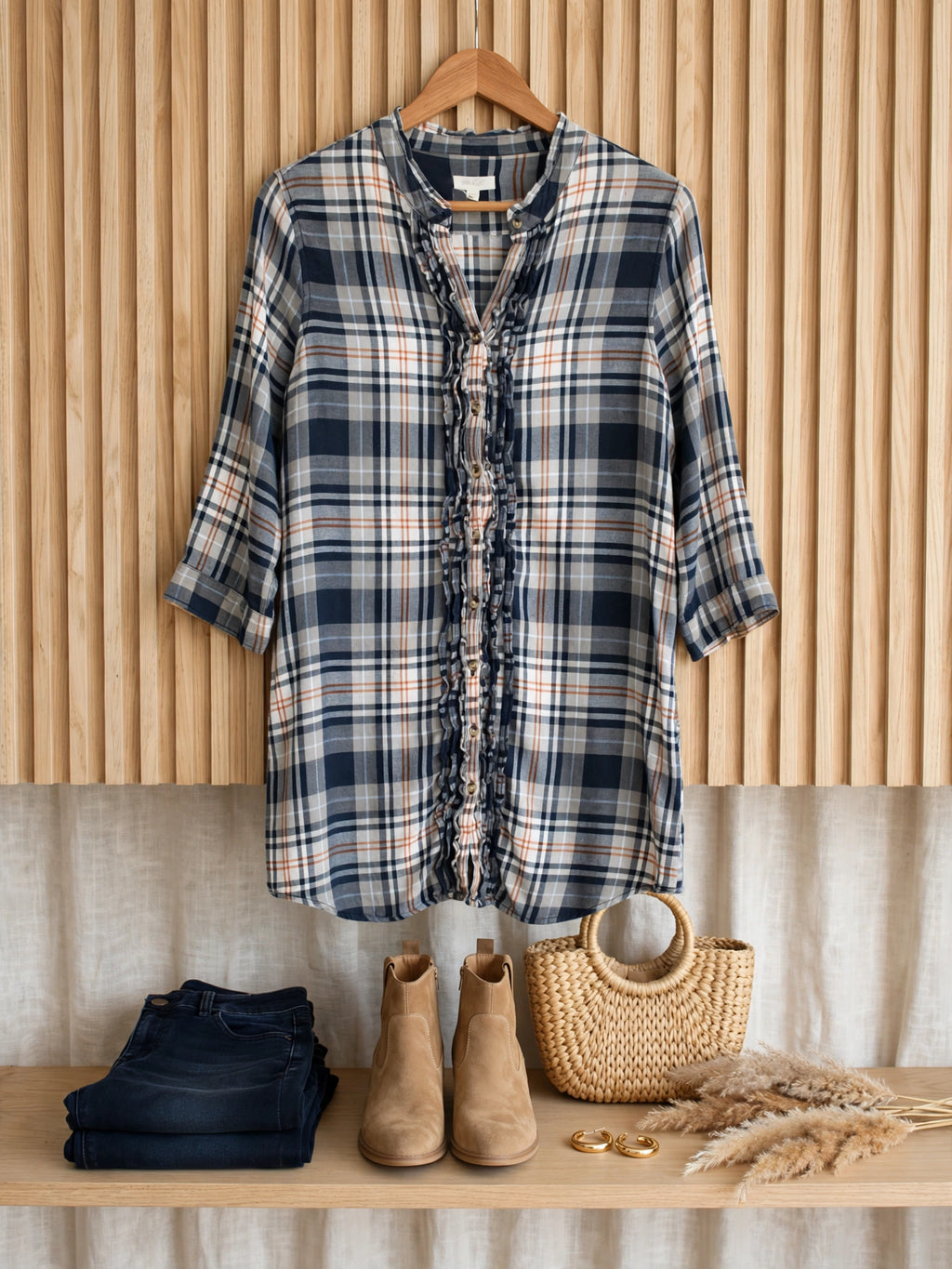 Old Khaki Plaid Ruffle Front Blouse - Size 36