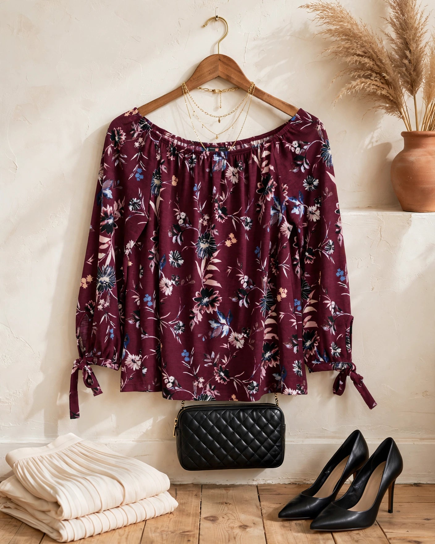 Burgundy Floral Off-Shoulder Blouse with Tie Cuffs | Size 36