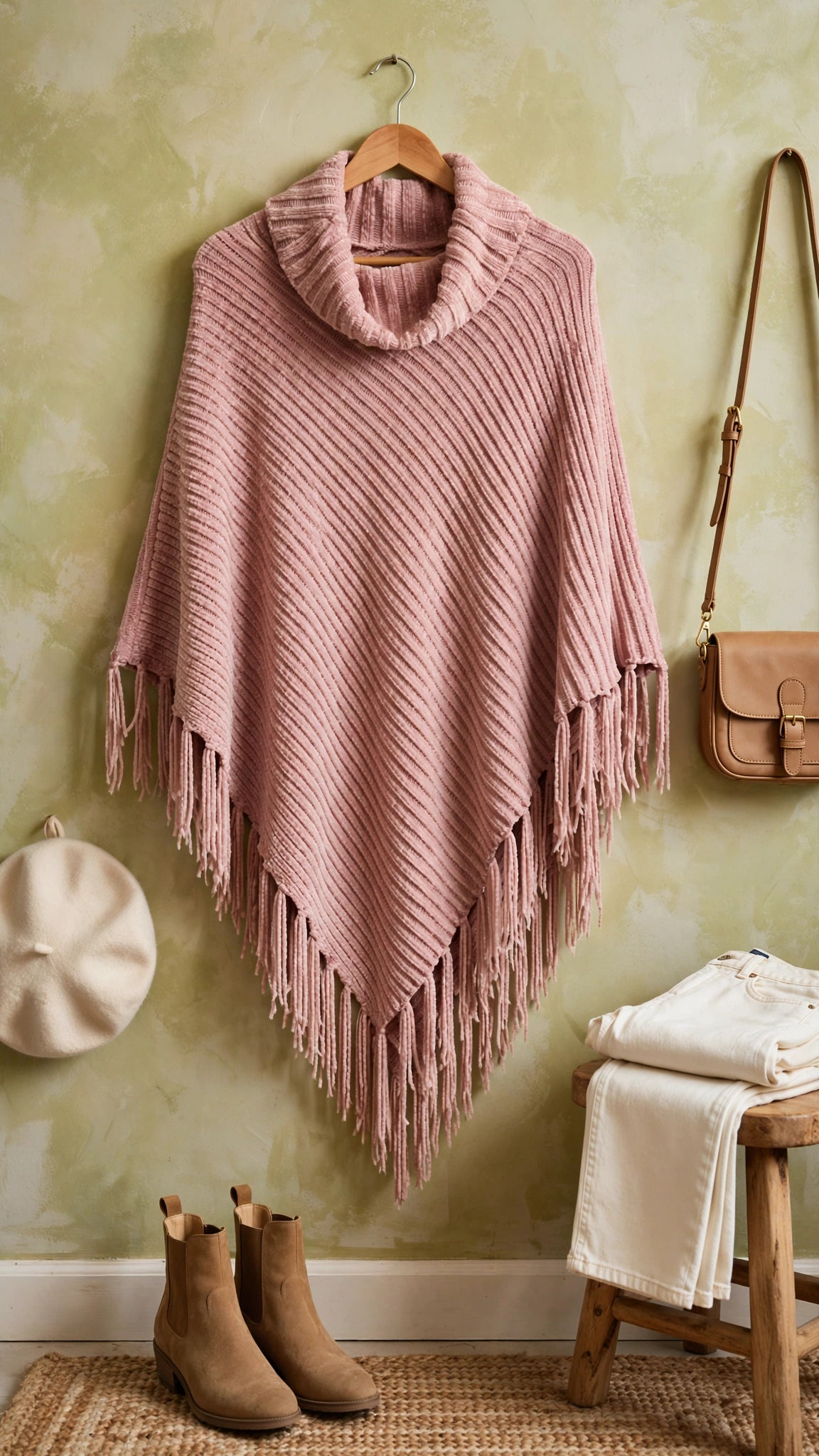 Dusty Pink Chenille Fringe Poncho - Cowl Neck - Size XL