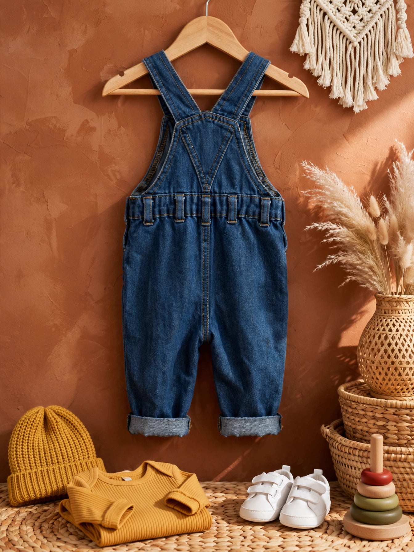 Boho Baby Denim Overalls Jumpsuit - Clicks Unisex Brand - Size 0 to 3 Months