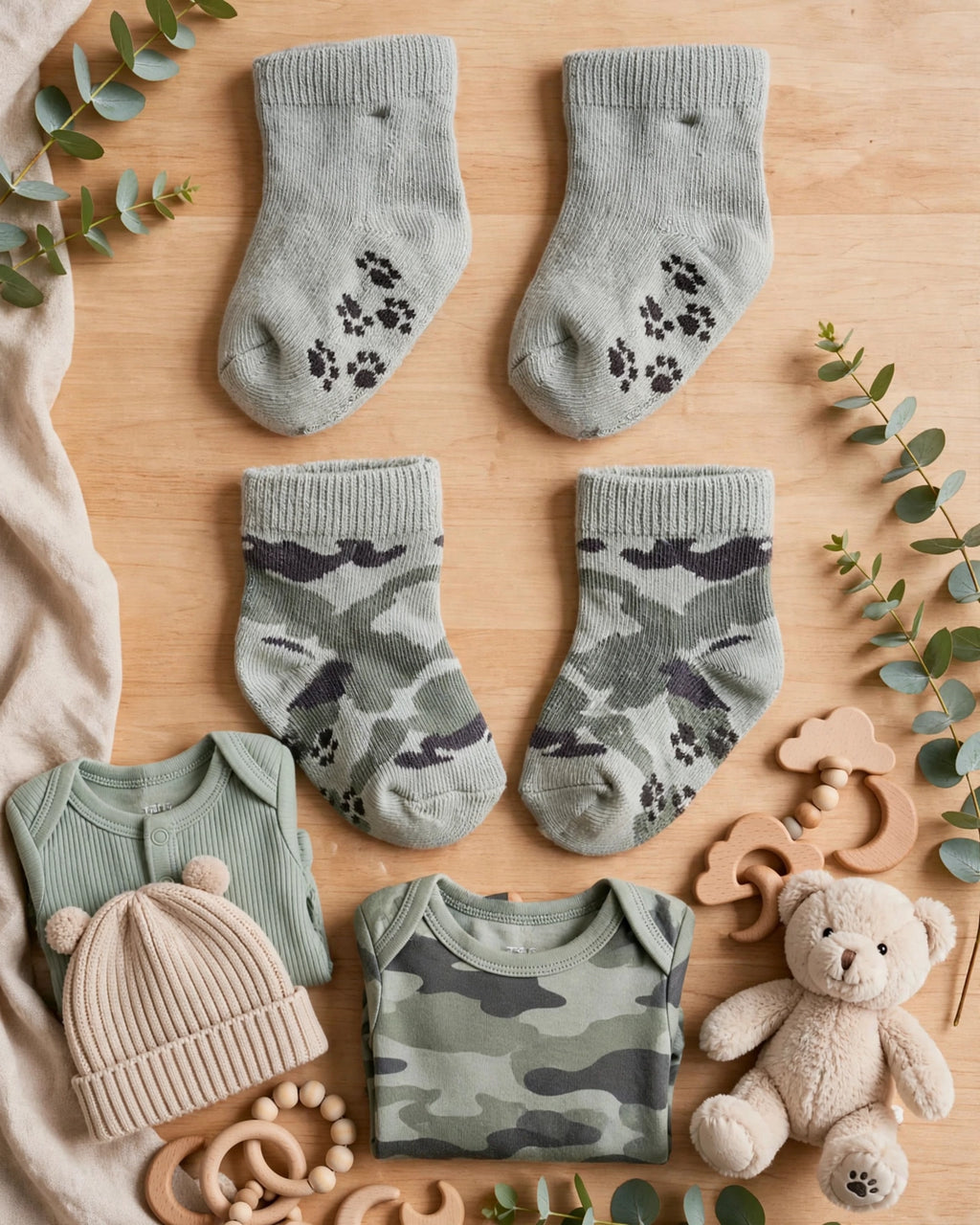 JollyTots Newborn Baby Socks - 2 Pack Grey Camo & Solid Grey with Paw Prints - Size 0 to 3 Months