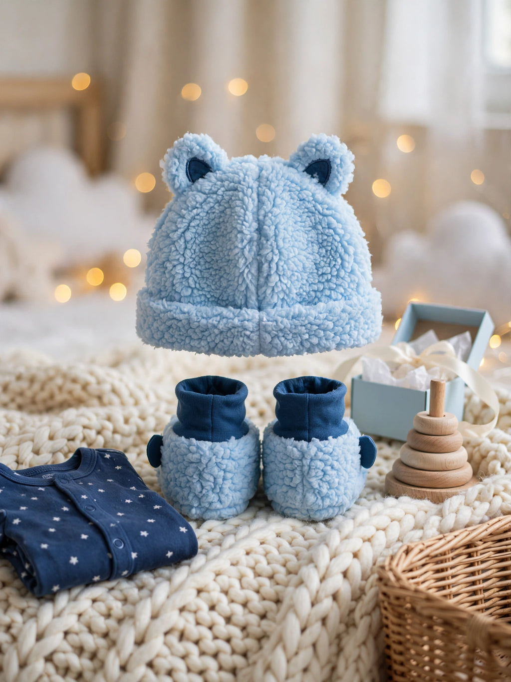 Jollytots Baby Bear Hat & Booties Set - Light Blue - 0 to 6 Months