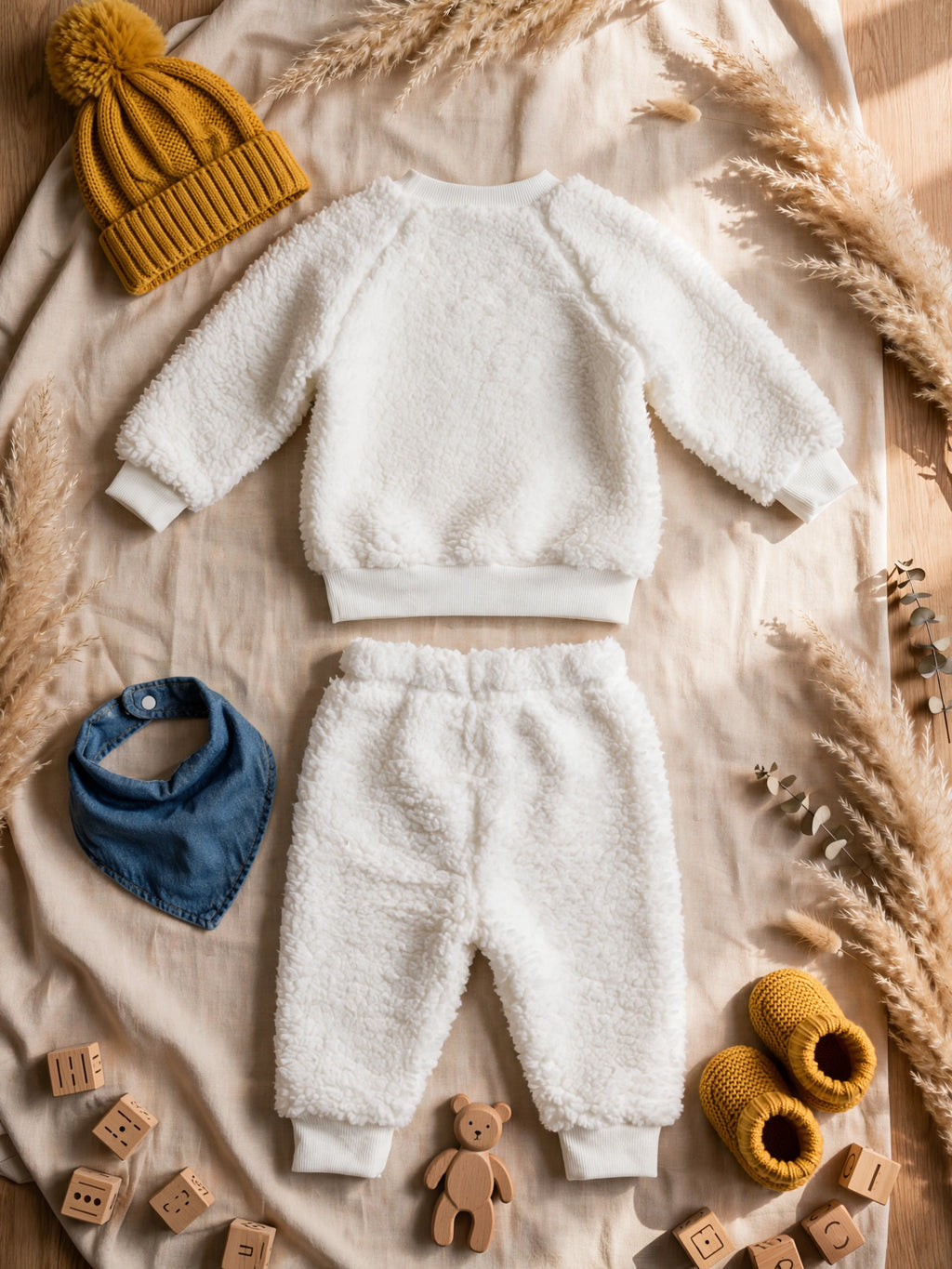 White Polar Bear Sherpa 2-Piece Set - Fluffy Sweater & Jogger Pants | 6-12 Month