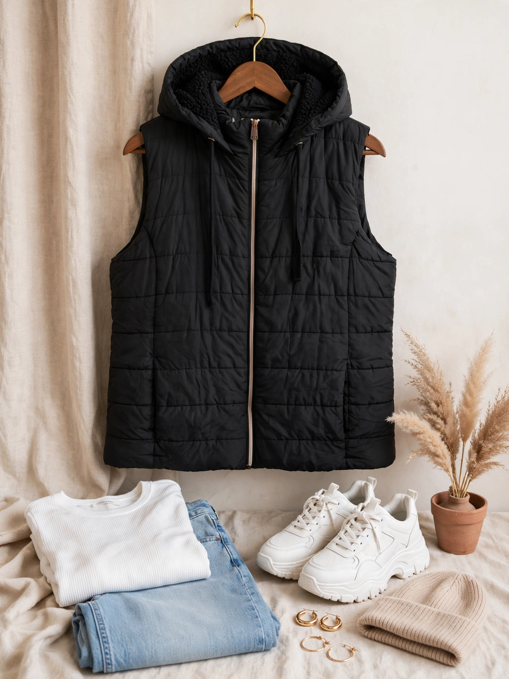 REAL Basics Women's Black Hooded Quilted Puffer Gilet Vest - Size 2XL