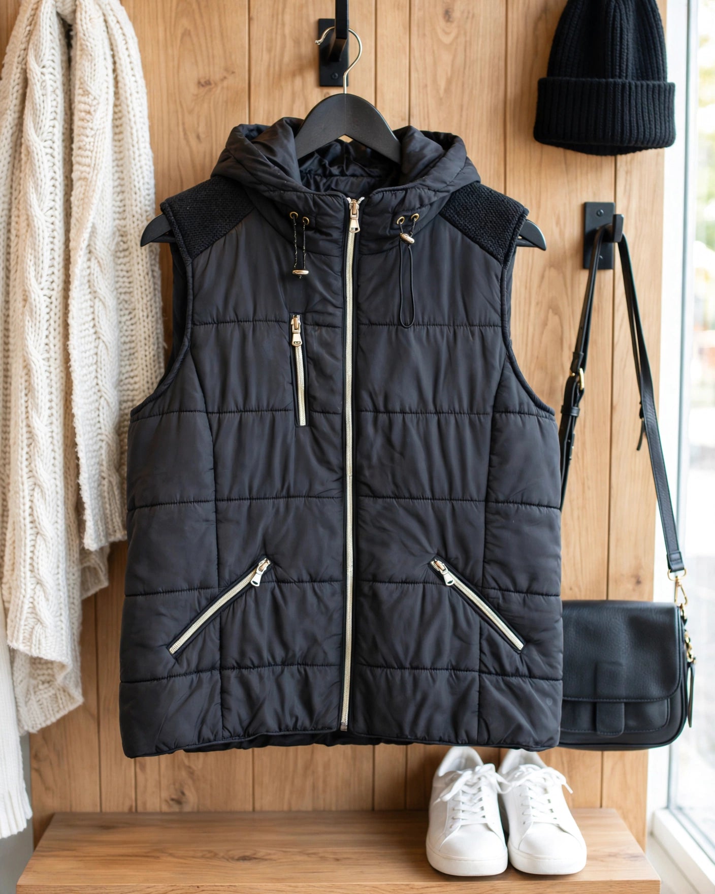 Women's Free 2BU Black Sleeveless Puffer Vest with Hood - Size 36