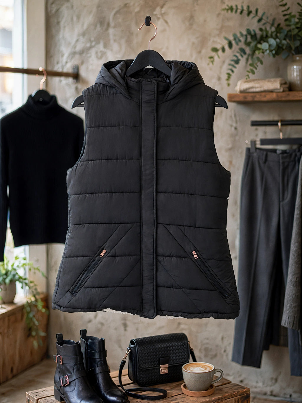 Women's Black Superior Goods Hooded Puffer Gilet Vest - Size Large