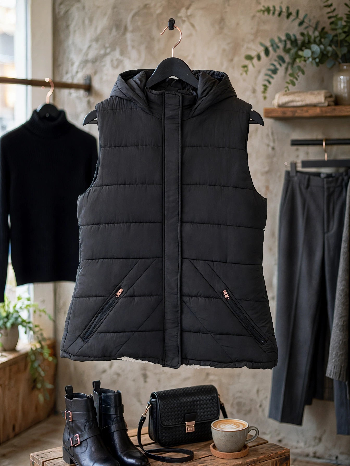 Women's Black Superior Goods Hooded Puffer Gilet Vest - Size Large