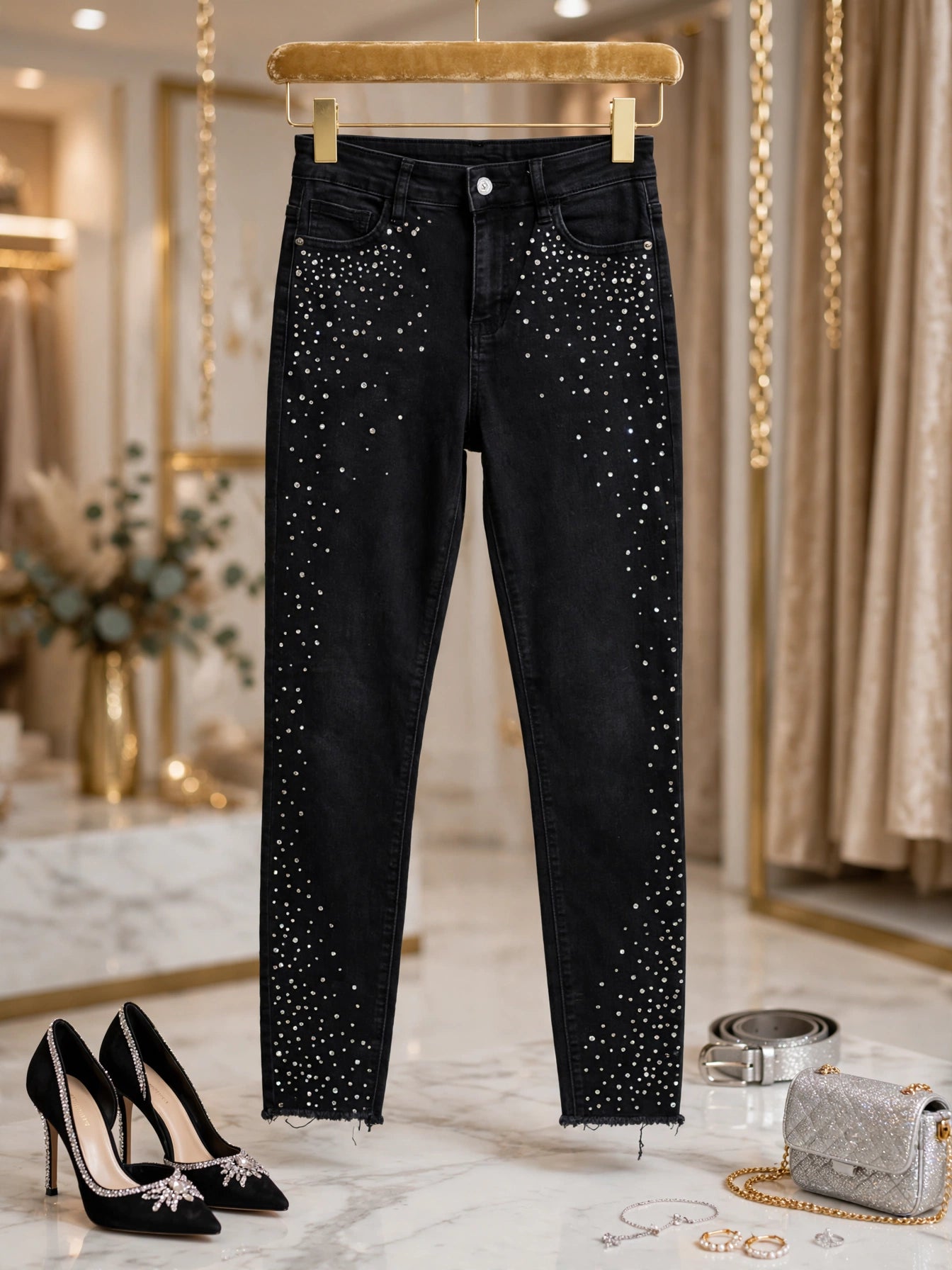 REAL DNM Women's Black Rhinestone Embellished Skinny Jeans - Size 34