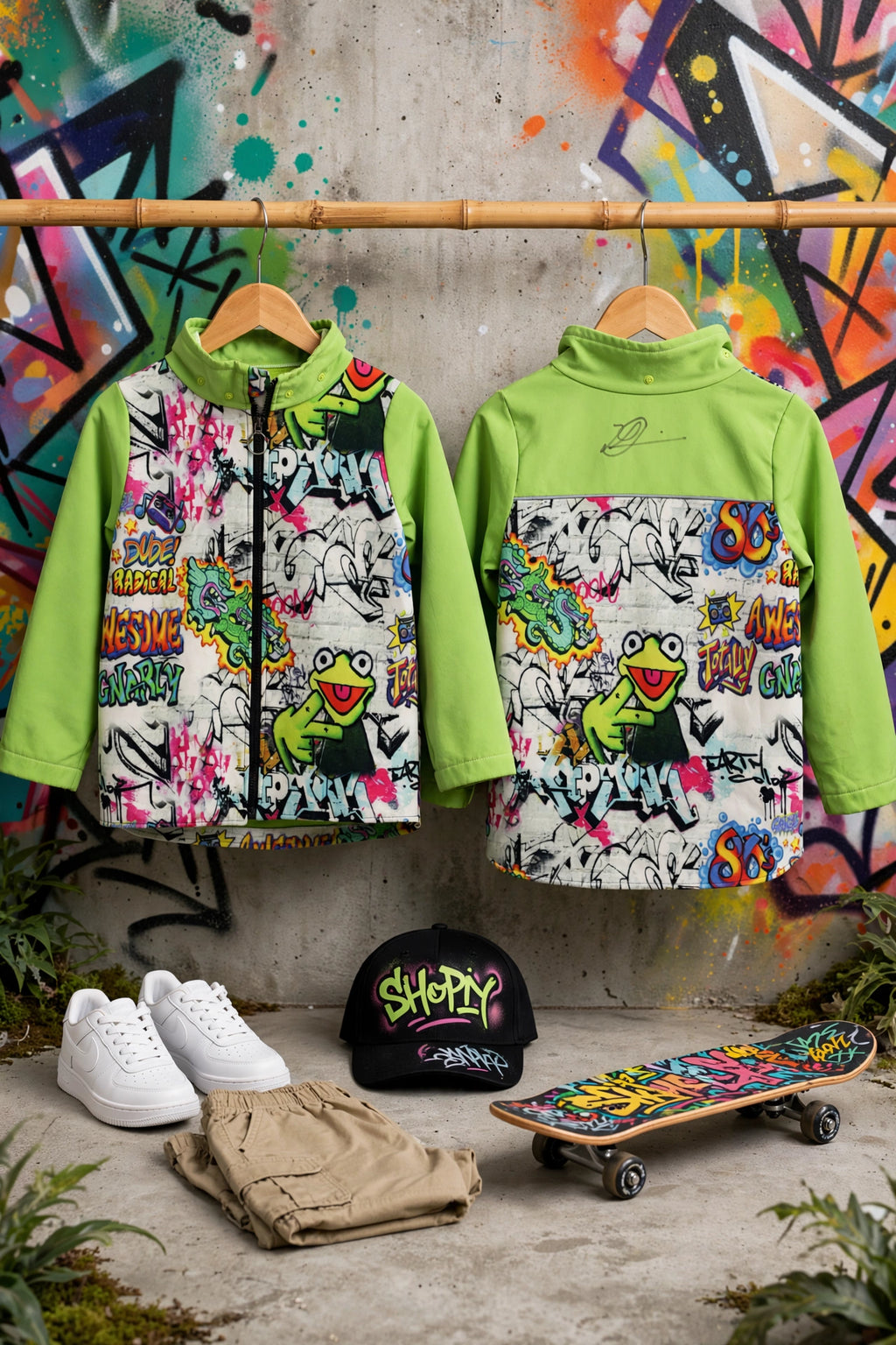 Kids Lime Green 80s Graffiti Kermit Softshell Jacket - Size 7 to 8 Years