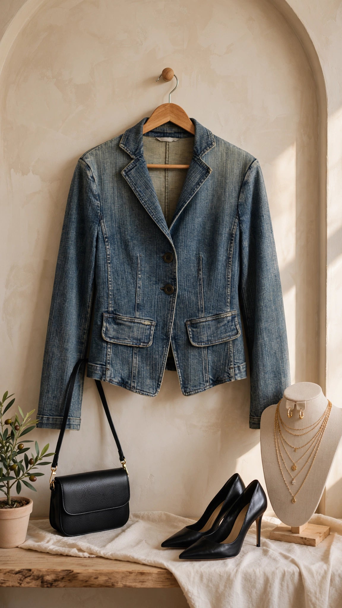 Vintage Faded Blue Denim Blazer Jacket - Size Small