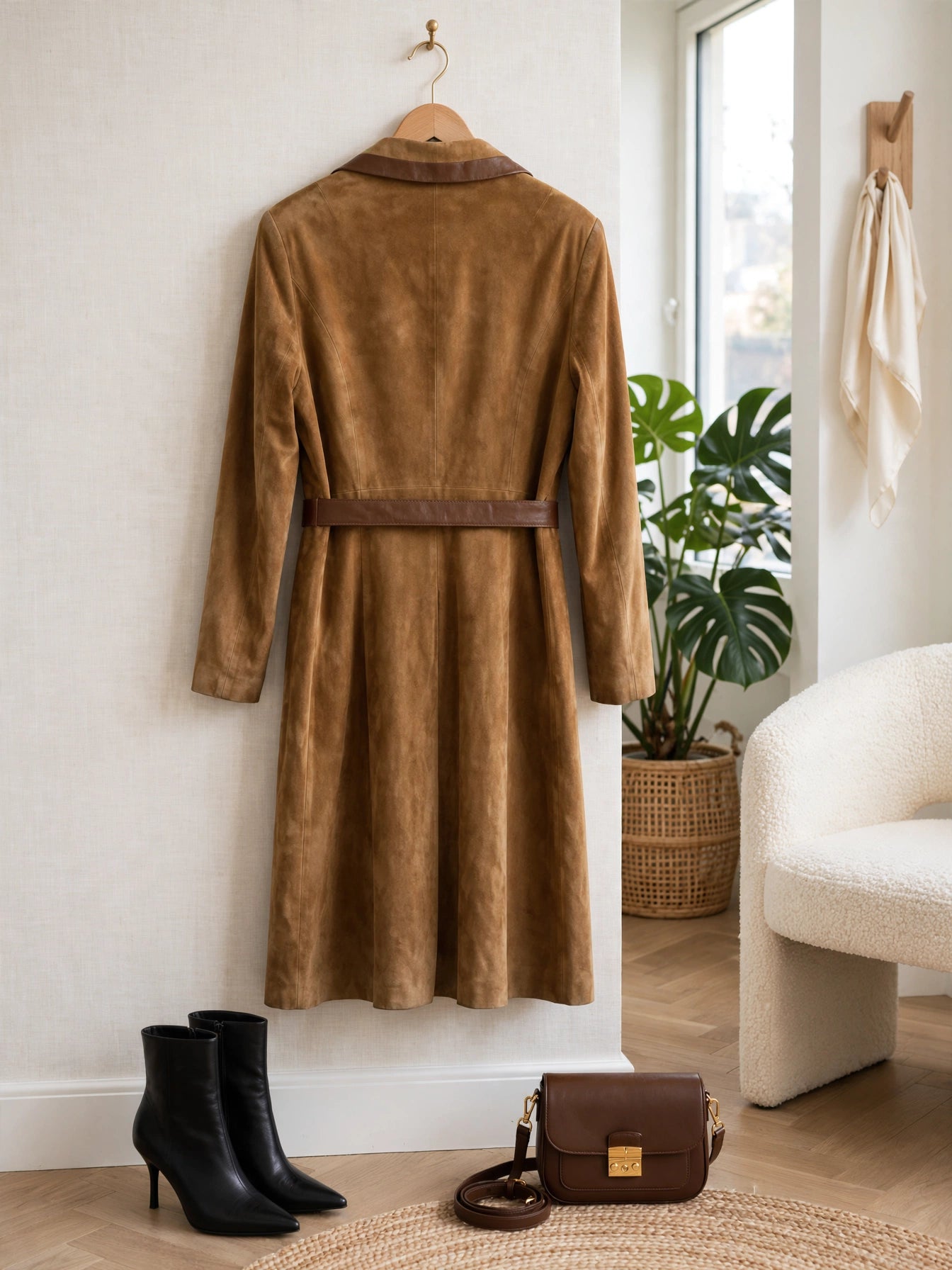 Vintage 70s Camel Suede Trench Coat with Chocolate Leather Trim - Size Medium