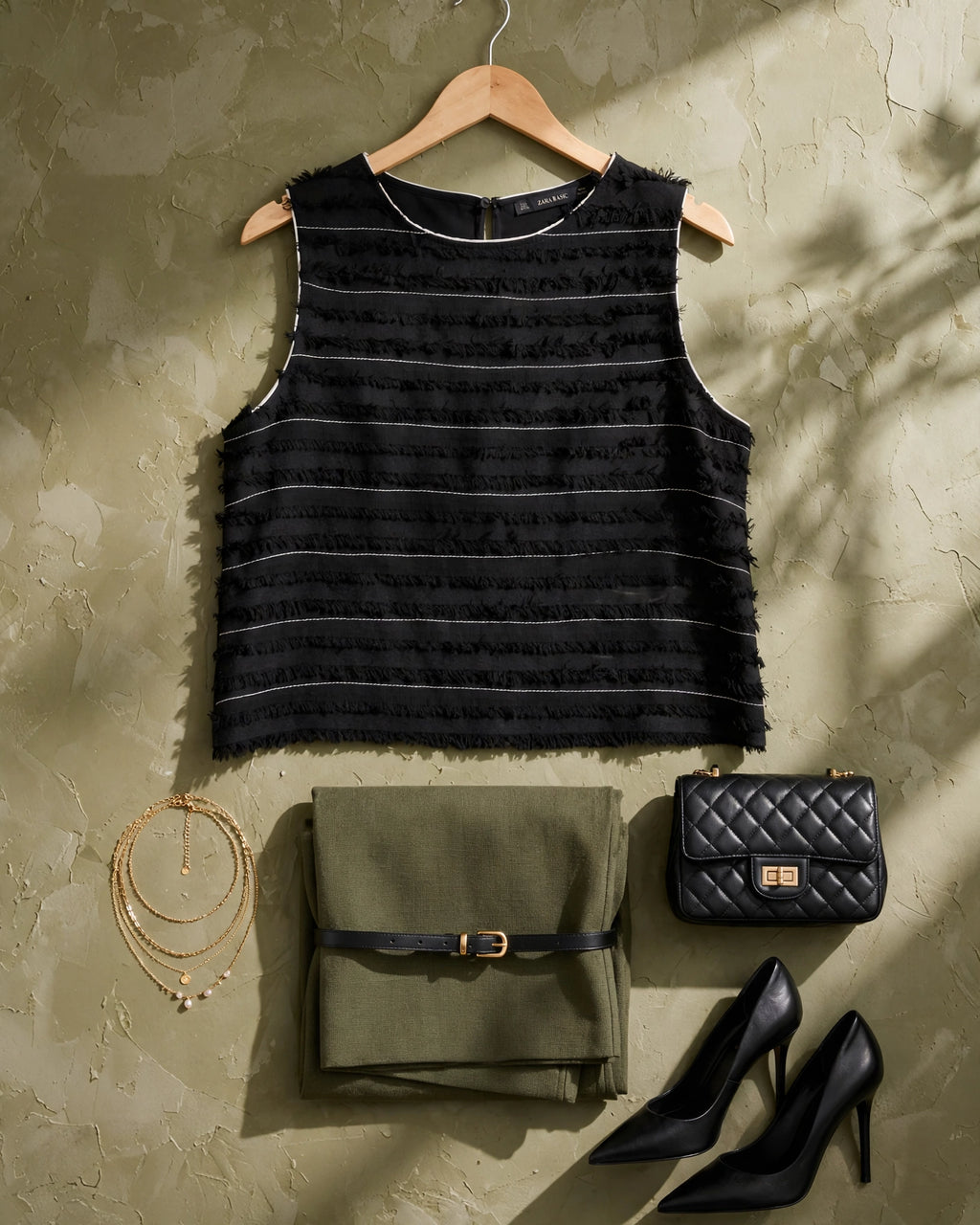 Zara Basic Fringed Black with White Pin-Stripe Sleeveless Top - Size Large