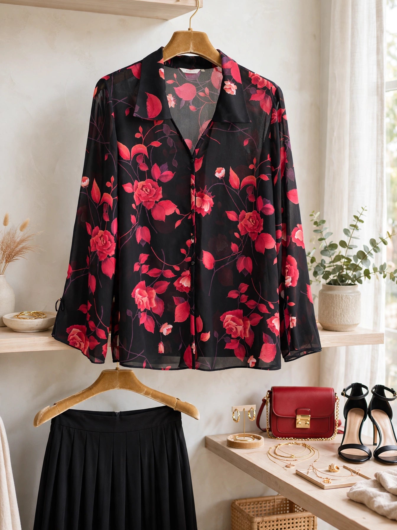 Topics Black & Red Floral Sheer Blouse - Size 42