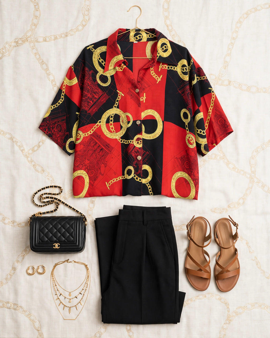 B&W Baroque Red & Black Gold Chain Blouse - Size 3XL