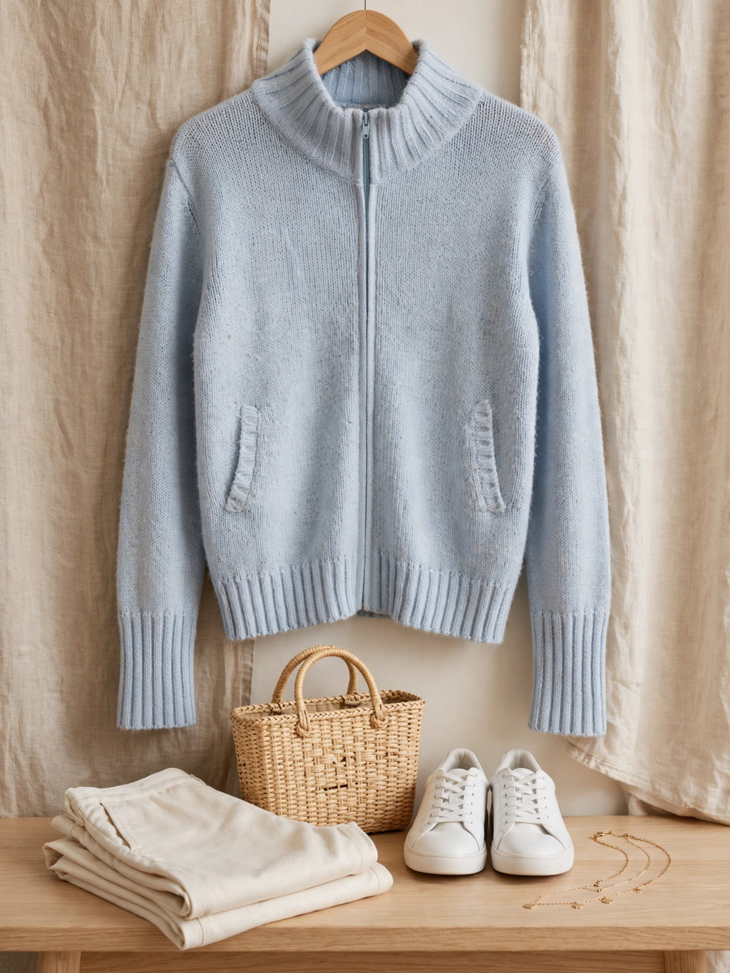 Powder Blue News Casuals Zip-Up Knit Cardigan - Size Medium