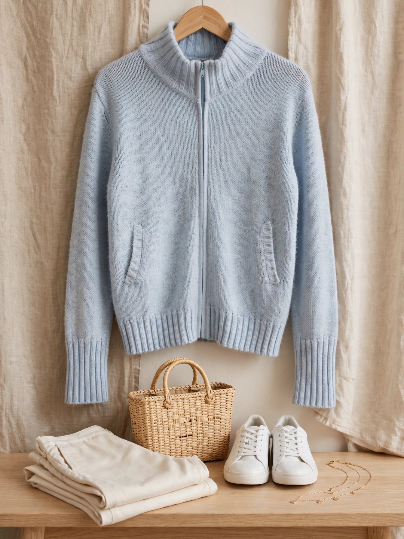 Powder Blue News Casuals Zip-Up Knit Cardigan - Size Medium
