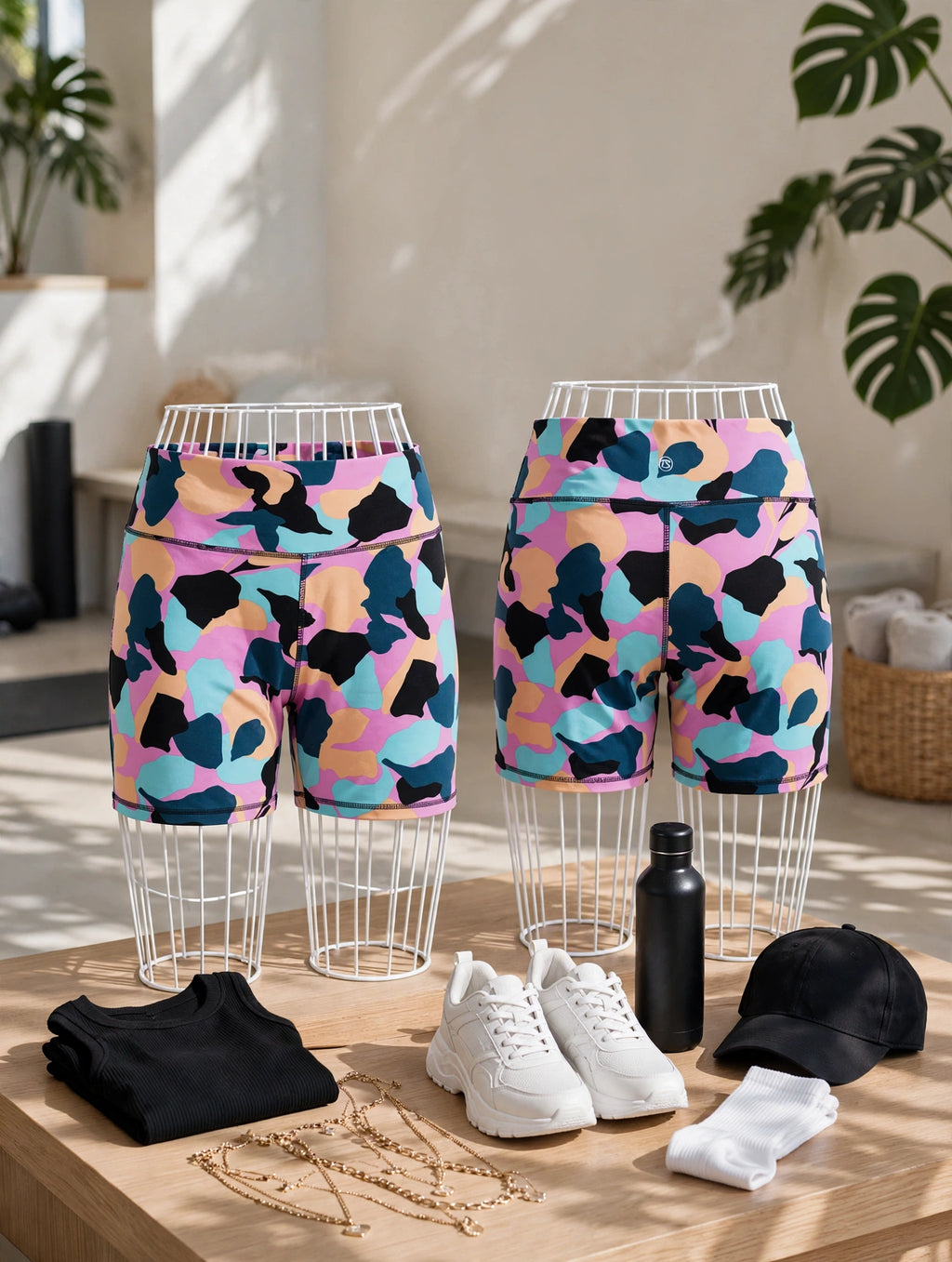 Pastel Camo High-Waist Biker Shorts – Size XL