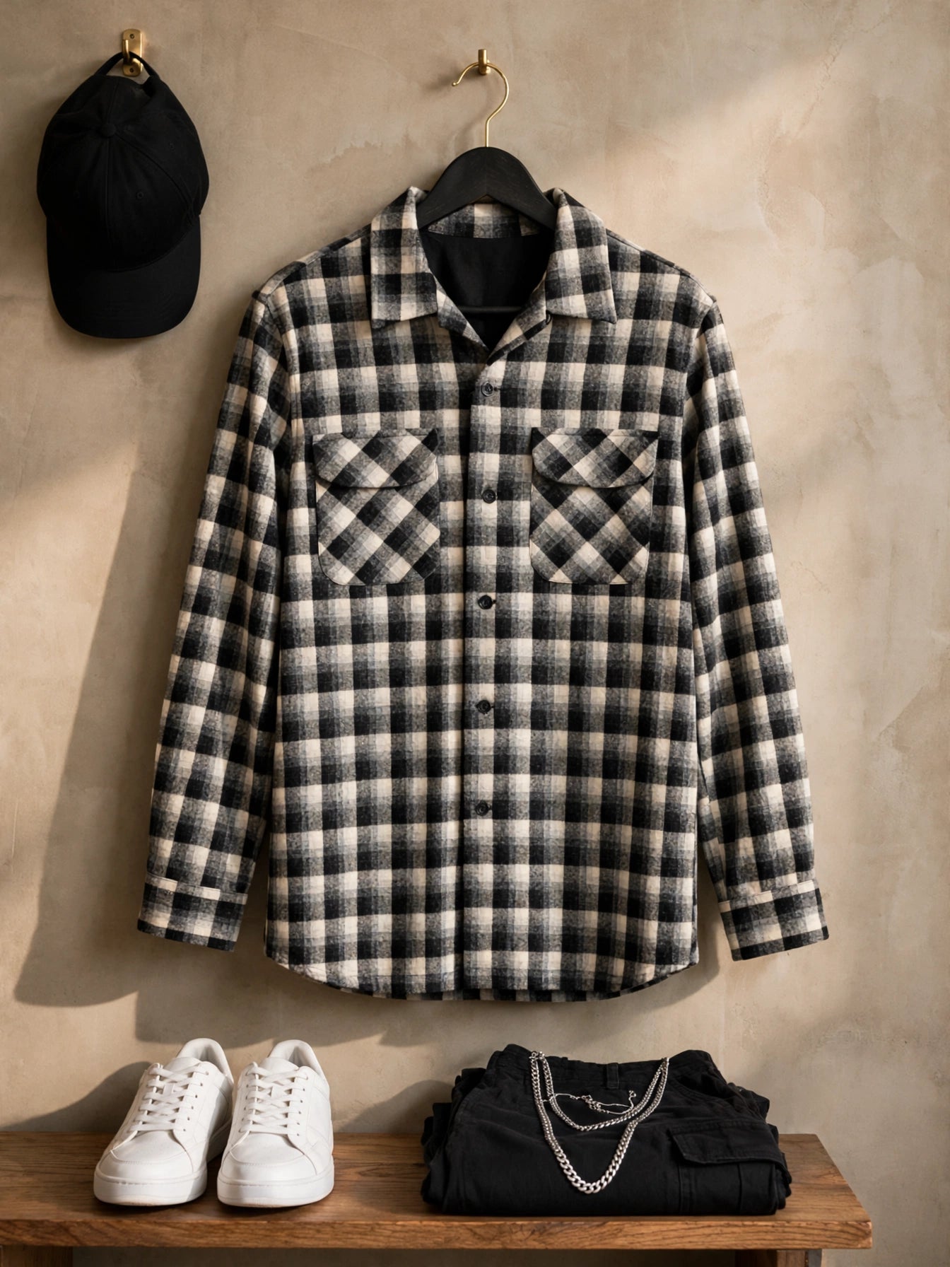 Men's Pendleton Wood Mills Buffalo Checked Black & White Long Sleeve Shirt - Size Medium