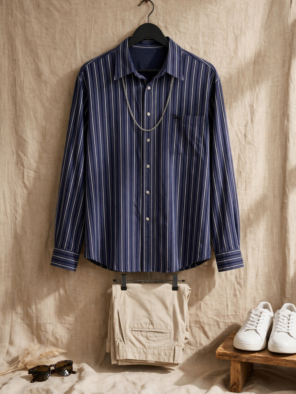 Men's Navy Striped Jeep Long Sleeve Shirt - Size 2XL
